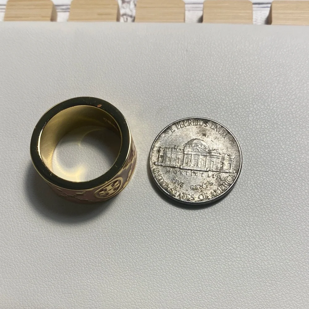 Tory Burch Baby Pink and Gold Band Kira Ring